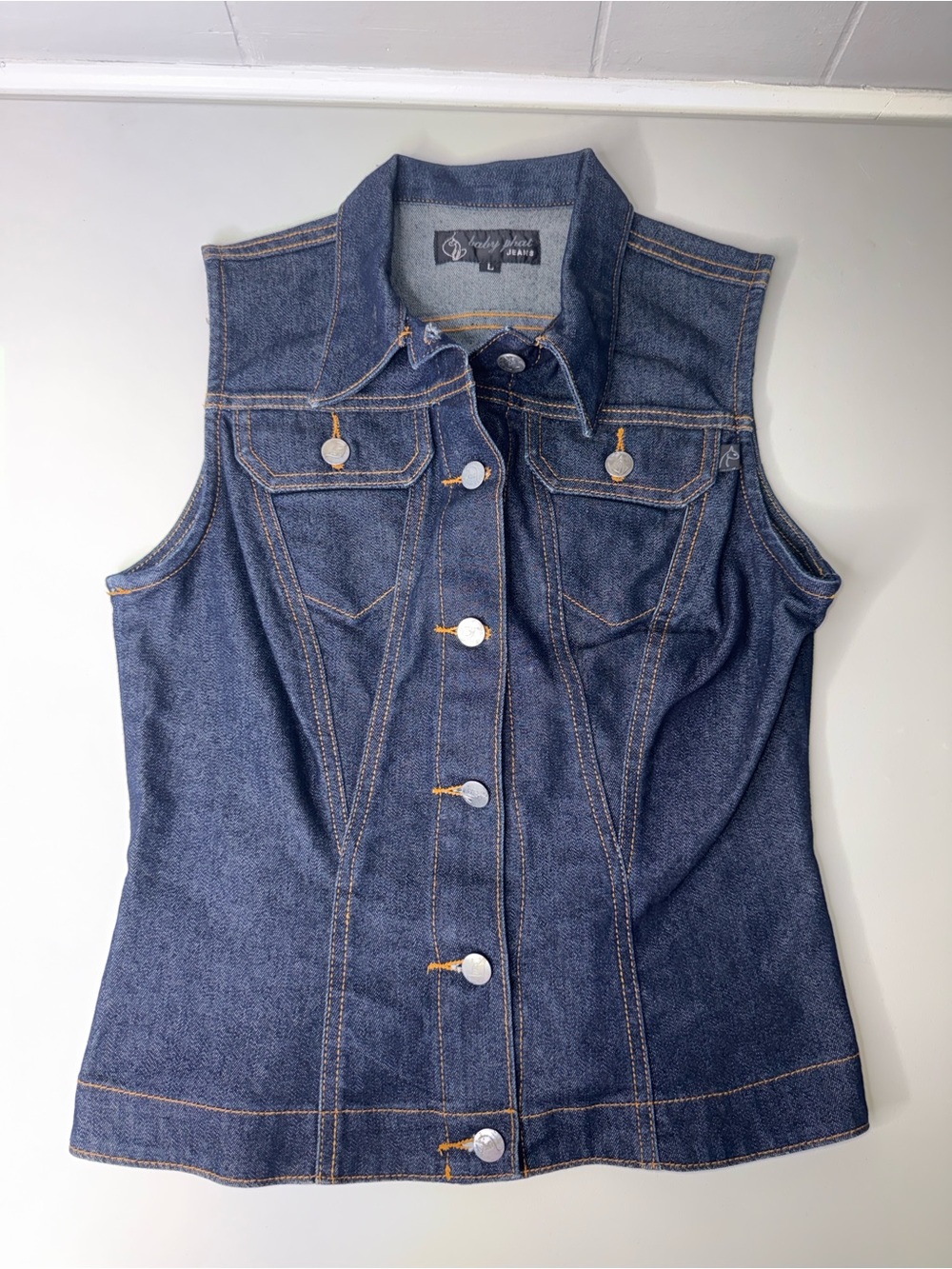 Y2K vintage Baby Phat Dark Blue Denim Jacket with Contrast Stitching